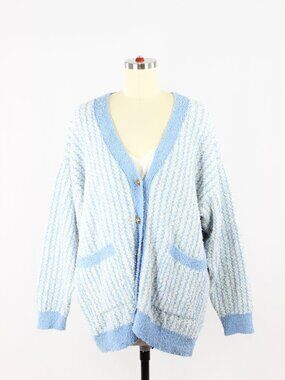 ZARA Blue White Cotton Blend Fuzzy Knit Oversized Cardigan Sweater, Size XS-S